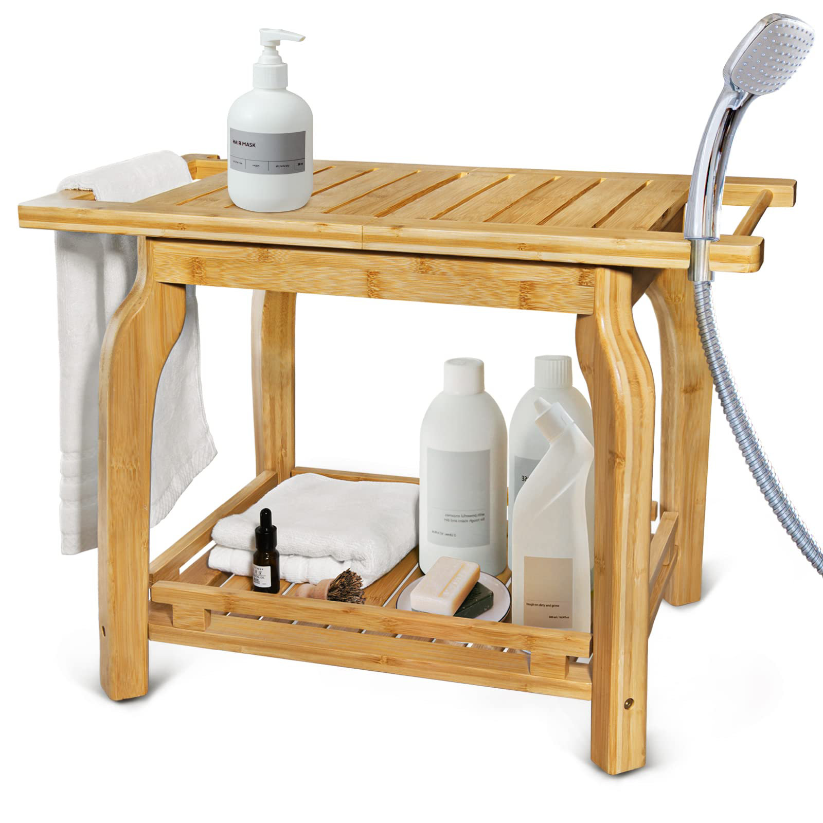 Bay Isle Home 2 Tier Bamboo Shower Bench For Inside Shower Shaving Legs 25 Inch Waterproof Bathroom Bench Shower Stool With Storage Shelf Safe Stable Wayfair